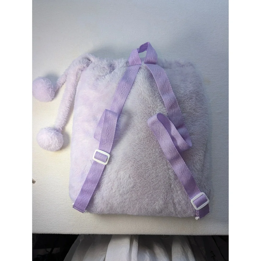 Kids Plush Bunny Backpack with Polka Dot Fleece Blanket Set Lavender